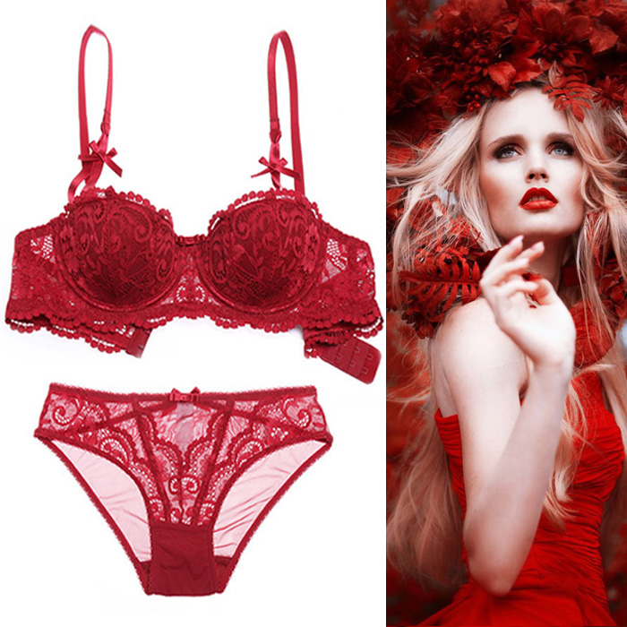 维多利亚性感蕾丝新娘结婚红色本命年文胸套装半杯薄款聚拢内衣女