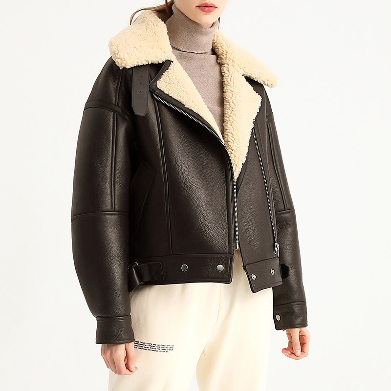 ac真皮毛一体女2021冬季美利奴短款羊羔毛皮草复古机车服羊毛外套