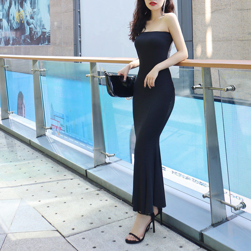 修身紧身弹力气质打底裙一字领包臀裙鱼尾连衣裙性感抹胸裙长裙女