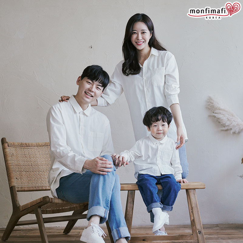 韩国monfimafi白色亲子衬衫父子装春秋一家三口韩版周岁照家庭装