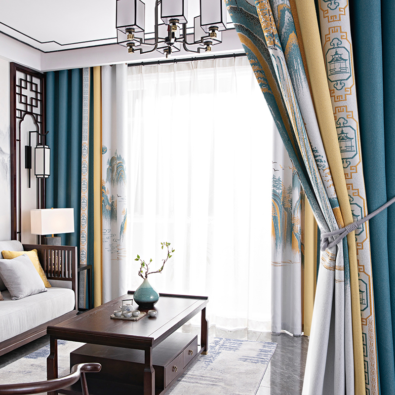2021年新款轻奢高档中国风新中式窗帘无缝拼接遮光雪尼尔客厅卧室
