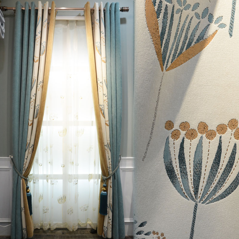 轻奢简欧色织棉帘头窗帘定制淡蓝色北欧窗帘美式羊绒雪尼尔窗帘