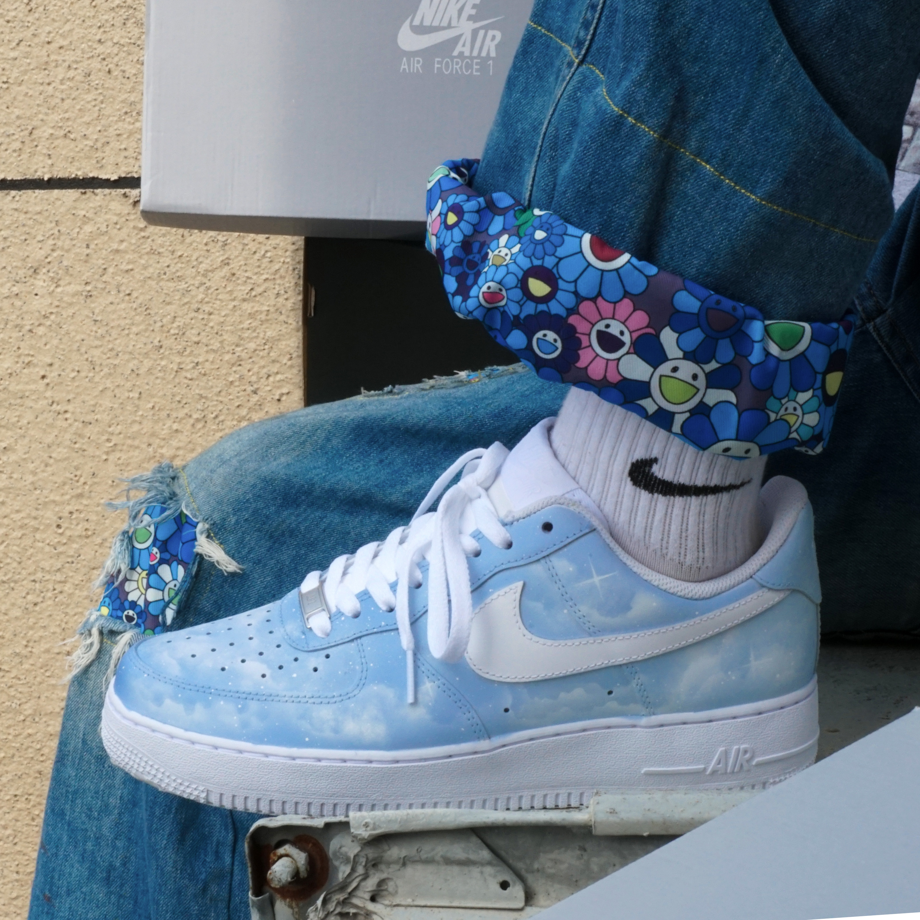 nikeairforce1af1纯白空军一号蓝色光感变色星空图案定制diy