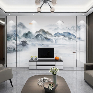 新中式水墨山水竹木纤维电视背景墙集成墙板客厅影视墙装饰护墙板