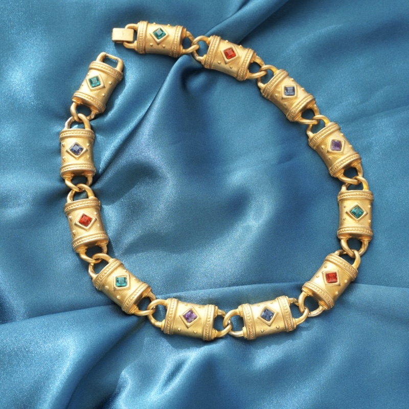 西洋古董首饰 Vitnage镀金宝石 Etruscan风格项链 厚实中古链子