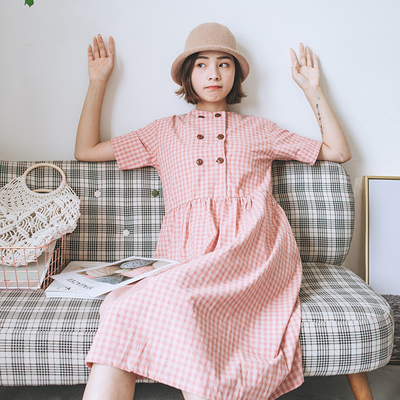 回忆森林 2018夏日系格子短袖连衣裙女复古文艺宽松学生