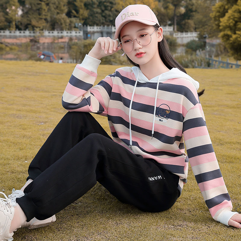 初中女生春装女套装12岁中学生休闲条纹运动服加绒春季少女高中生