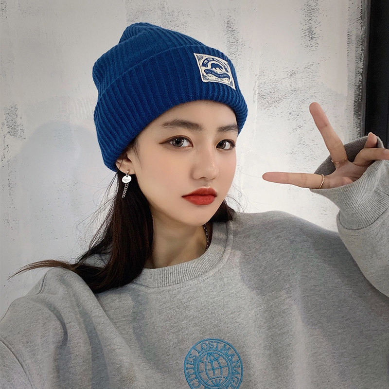 圆脸适合的显白宝蓝色帽子女秋冬韩版ins休闲百搭贴布针织毛线帽