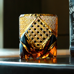 威士忌酒杯日式手工雕刻洋酒杯水晶玻璃酒杯江户切子复古ins风