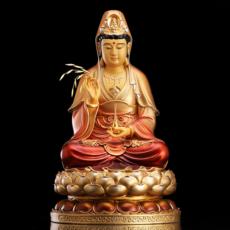 圆通佛具观音佛像纯铜贴金观世音菩萨带背光底座娑婆三圣供奉摆件