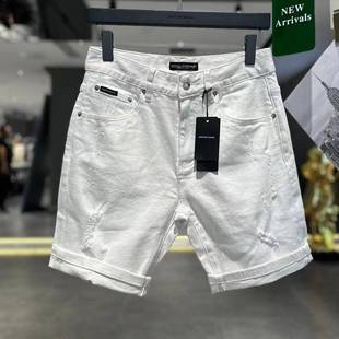欧货夏季新款男士牛仔时尚短裤高端潮牌修身白色破洞休闲五分裤薄