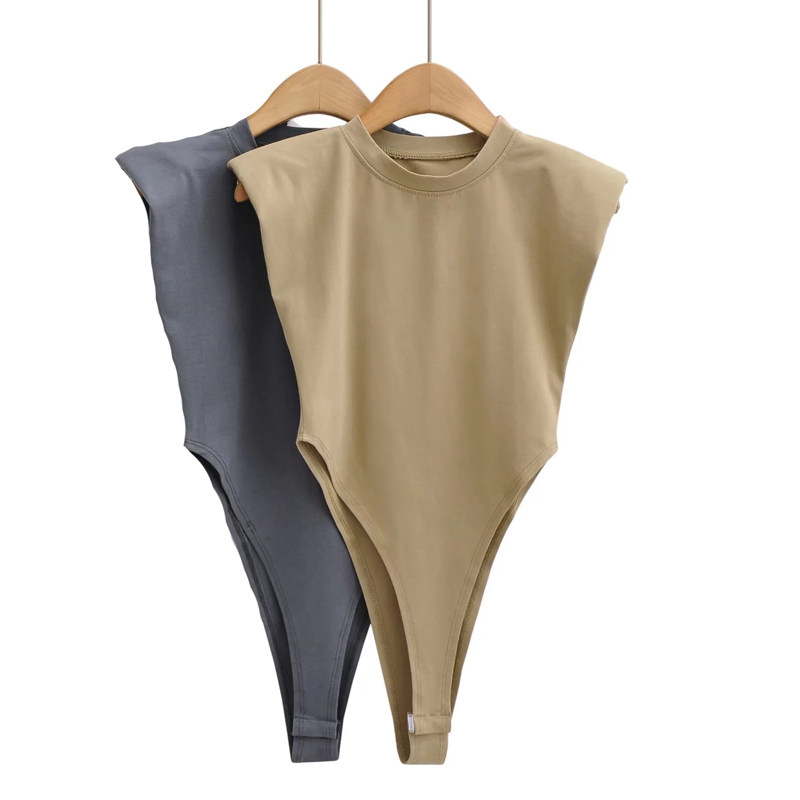 纯欲风圆领无袖连体女t恤高叉三角连裆上衣垫肩纯色欧美新款连身