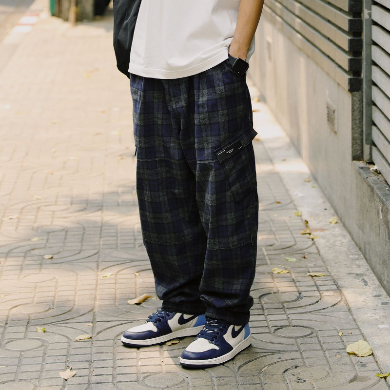 pso brand 可束脚工装裤男直筒宽松格子裤2020年春季潮牌休闲长裤