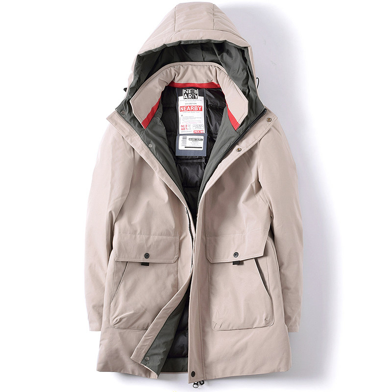 男士冬季加厚中长款连帽羽绒衣外套防水防寒卡其色白鸭绒服风雪衣