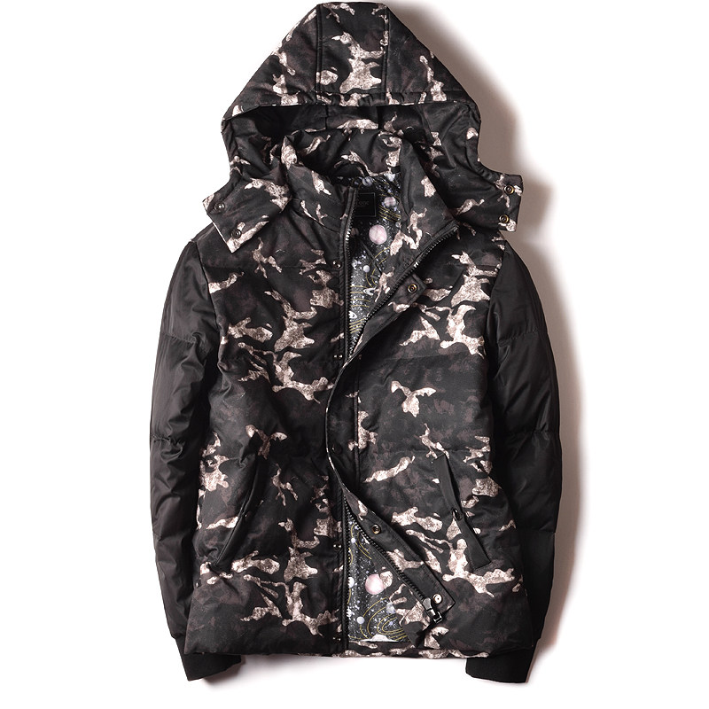 冬季加厚迷彩拼接鸭绒服 男士短款羽绒服外套 大码立领连帽风雪衣