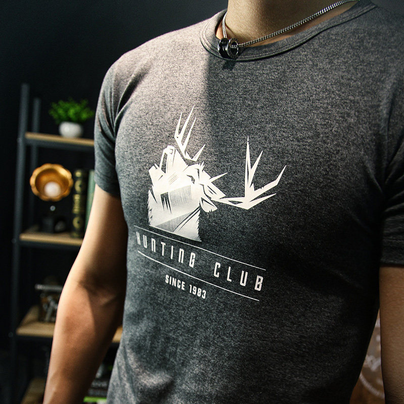 健身肌肉潮紧身短袖t恤男韩版运动跑步修身体恤鹿头印花吸汗棉tee