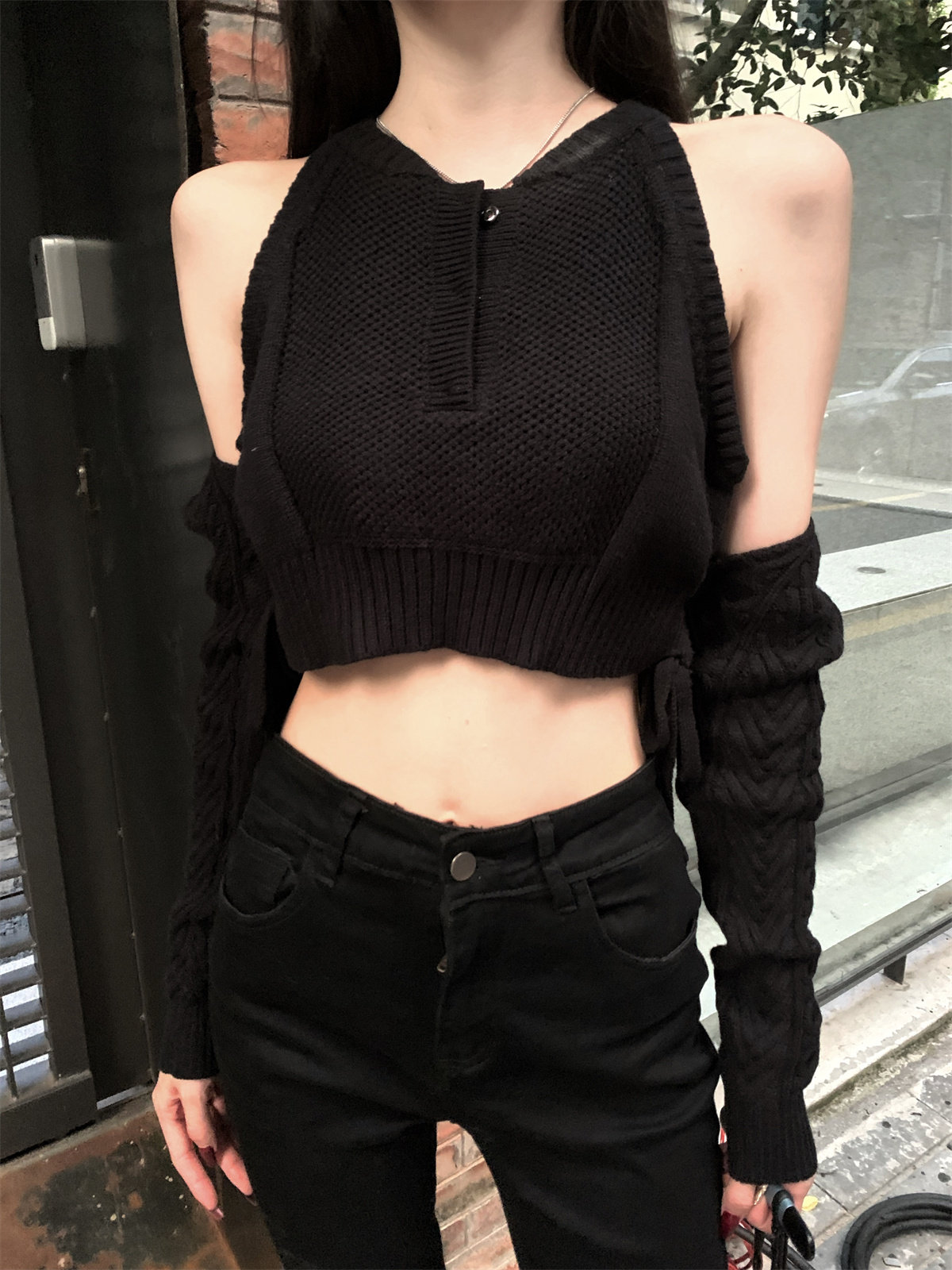 f project假两件黑白针织毛衣女短款秋冬季露肩套头百搭长袖上衣