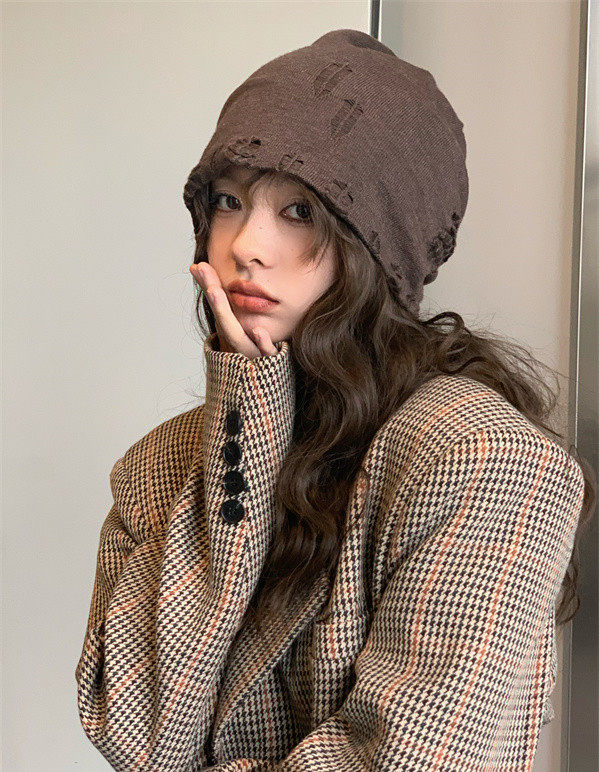咖啡色堆堆帽日本设计师新出做旧破洞冷帽潮酷博主百搭包头帽