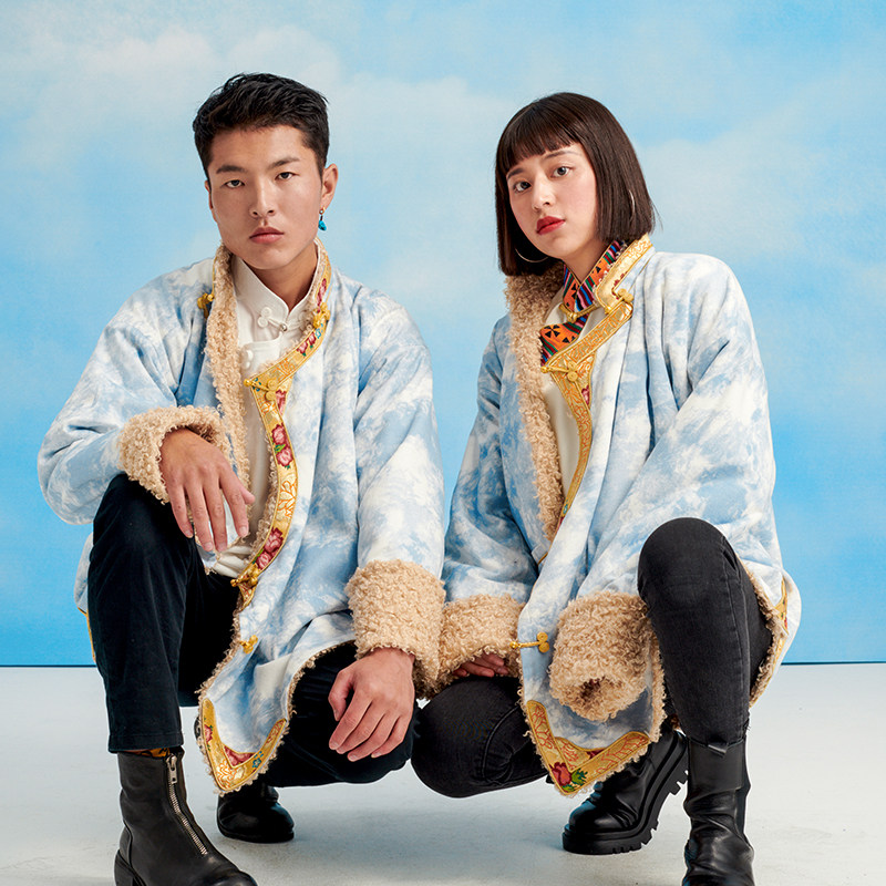 (今日8.3折)蓝色天空扎染,羊羔毛牛仔外套冬季藏风藏潮衣服藏式棉服棉