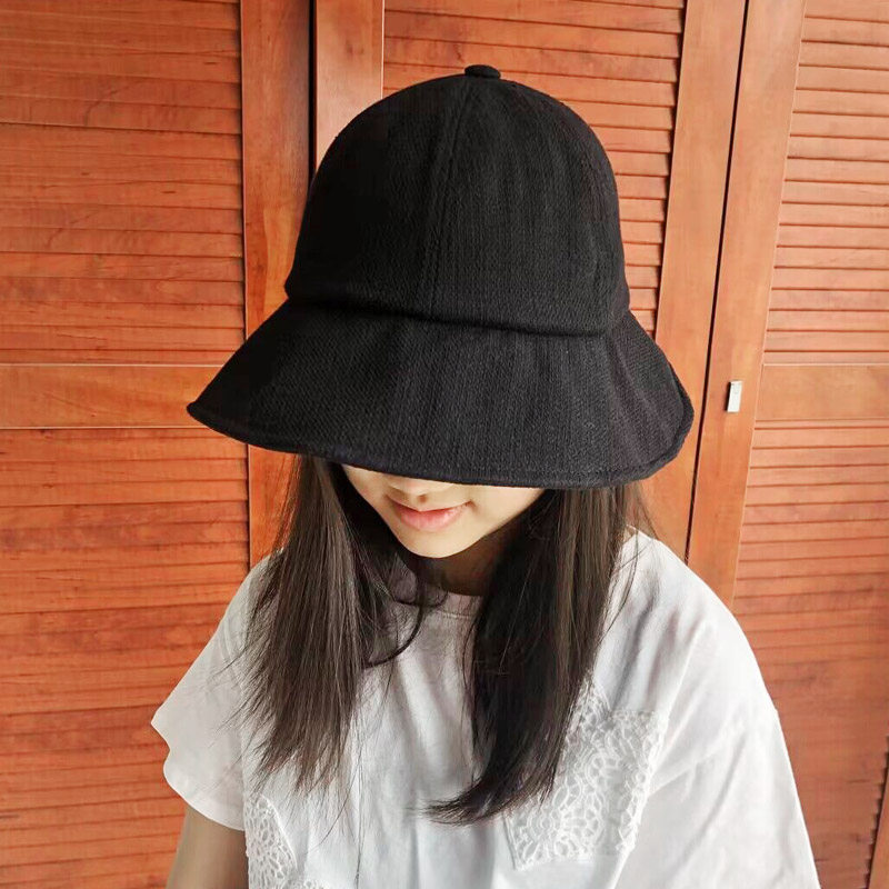 进口圆顶宽檐肌理棉盆帽女春夏天优雅休闲遮阳防晒减龄渔夫帽—帽子