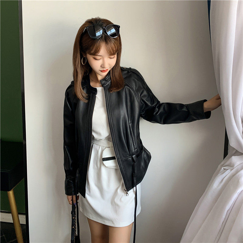 2020新款真皮皮衣女绵羊皮无领开衫外搭上衣皮衣