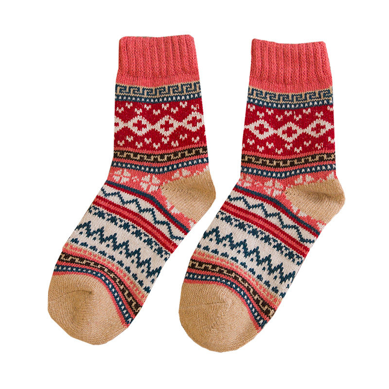 毛线袜子女冬加厚毛圈袜纯棉加绒保暖中筒袜民族风毛线袜靴袜花袜