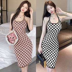 Checkerboard slim sexy Spice Girl suspender Hip Wrap Dress