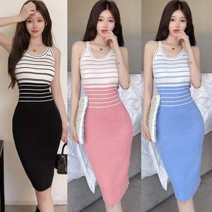 Sleeveless vest long skirt women's summer 2022 design color contrast stripe knitted dress