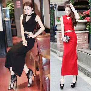 V-neck short waistless Top + high waist wrap hip split skirt set