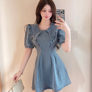 Ear edge baby collar denim skirt women's fashion age reducing thin A-line skirt