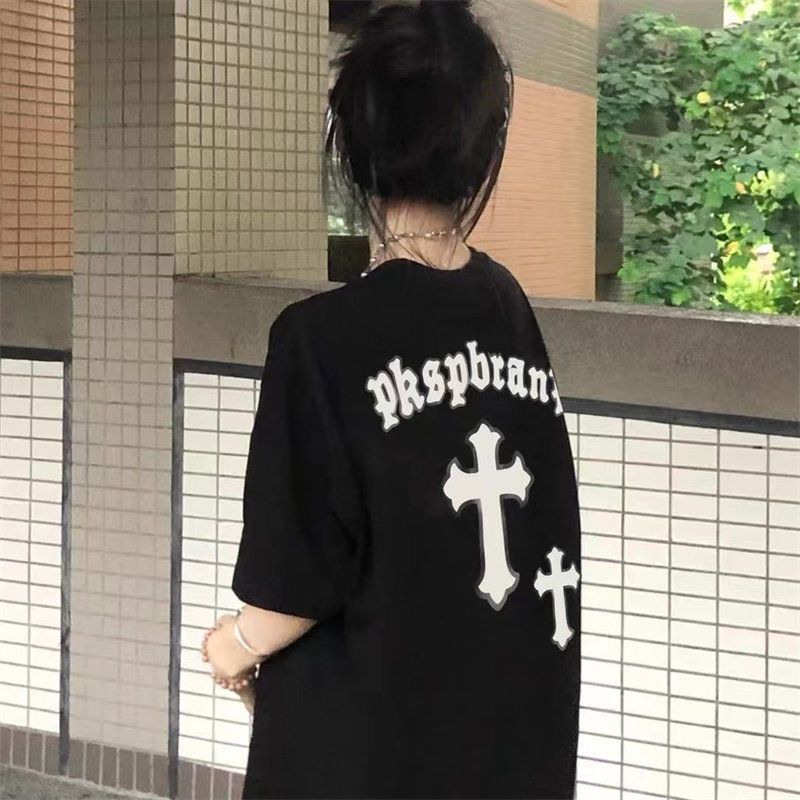 短袖中大童美式女孩潮牌ins风十字架T恤女童夏hiphop半袖体恤衣服