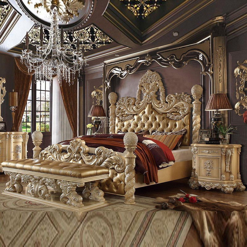 欧式实木床真皮奢华高端雕花艺术法式宫廷公主卧室双人婚床梳妆台