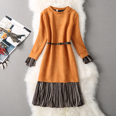 2016新款韩版秋冬女装 鹿皮绒中长款假两件 复古拼接长袖连衣裙潮
