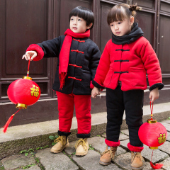 童装新款2016中小男童女装宝宝新年加厚唐装亲子装毛呢套装冬礼服