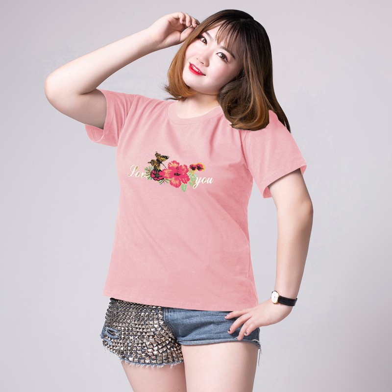 遮肚子_加大码胖mm200斤短袖t恤女遮肚子宽松显瘦粉色印花半袖上衣