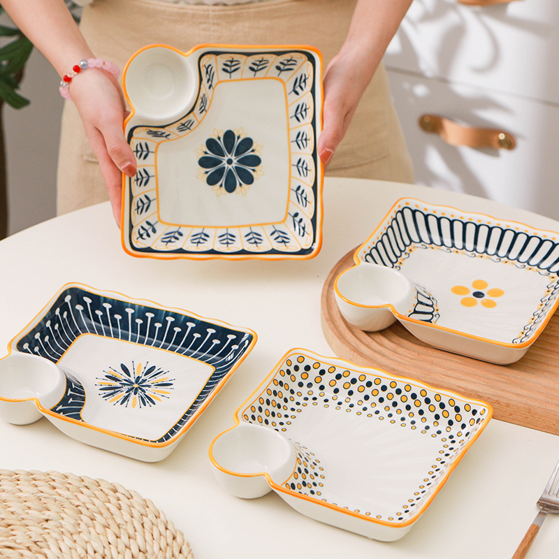 北欧风陶瓷釉下彩饺子盘创意家用带蘸料碟盘子个性商用餐具