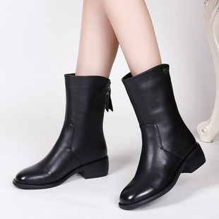 真皮马丁靴女2023年秋冬新款黑色圆头短靴粗跟厚底加绒中筒靴舒适