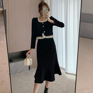 145cm矮小个子小香风女套装法式复古赫本风黑色气质显瘦长裙XS码