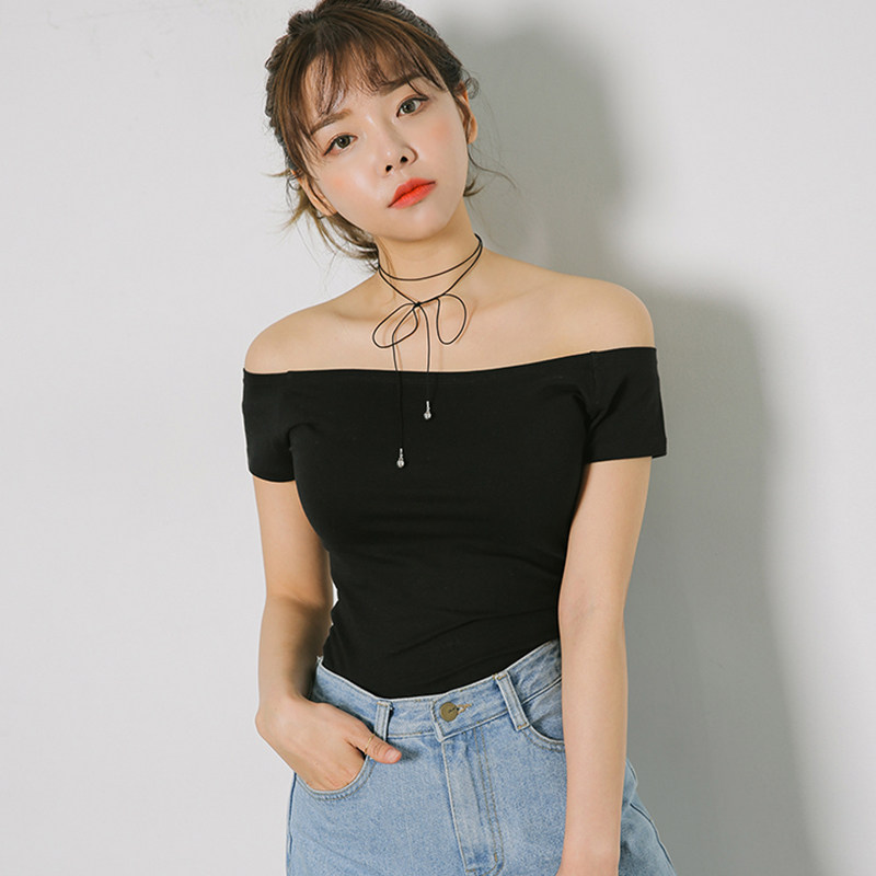 夏季纯棉短袖t恤女性感一字领露肩上衣修身打底衫百搭紧身小衫