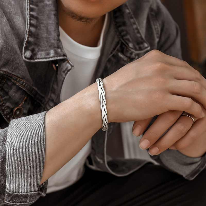 罗泰老银匠男士999纯银编织手镯男潮银饰品足银镯子个性简约礼物