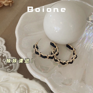 boione港风黑色丝绒金属C型大耳环复古高级感小香风耳饰耳圈耳夹