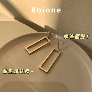 boione金属长方形几何耳环复古甜酷辣妹简约冷淡欧美网红度假耳饰