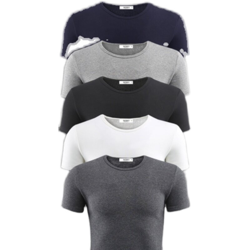 秋冬季短袖t恤男纯色圆领加绒加厚保暖上衣服冬天潮流半袖打底衫