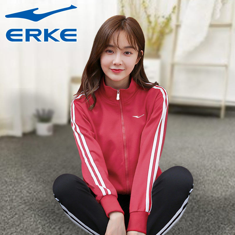 鸿星尔克红色运动服女士立领开衫休闲卫衣套装女春秋季时尚修身衣