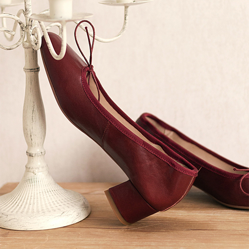 未蓝2022春款真皮粗跟法式复古单鞋中跟小皮鞋浅口女鞋红色芭蕾鞋