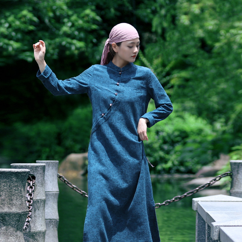 古石后-原创布衣柔软棉麻提花工艺气质改良旗袍 复古过膝长袍女秋