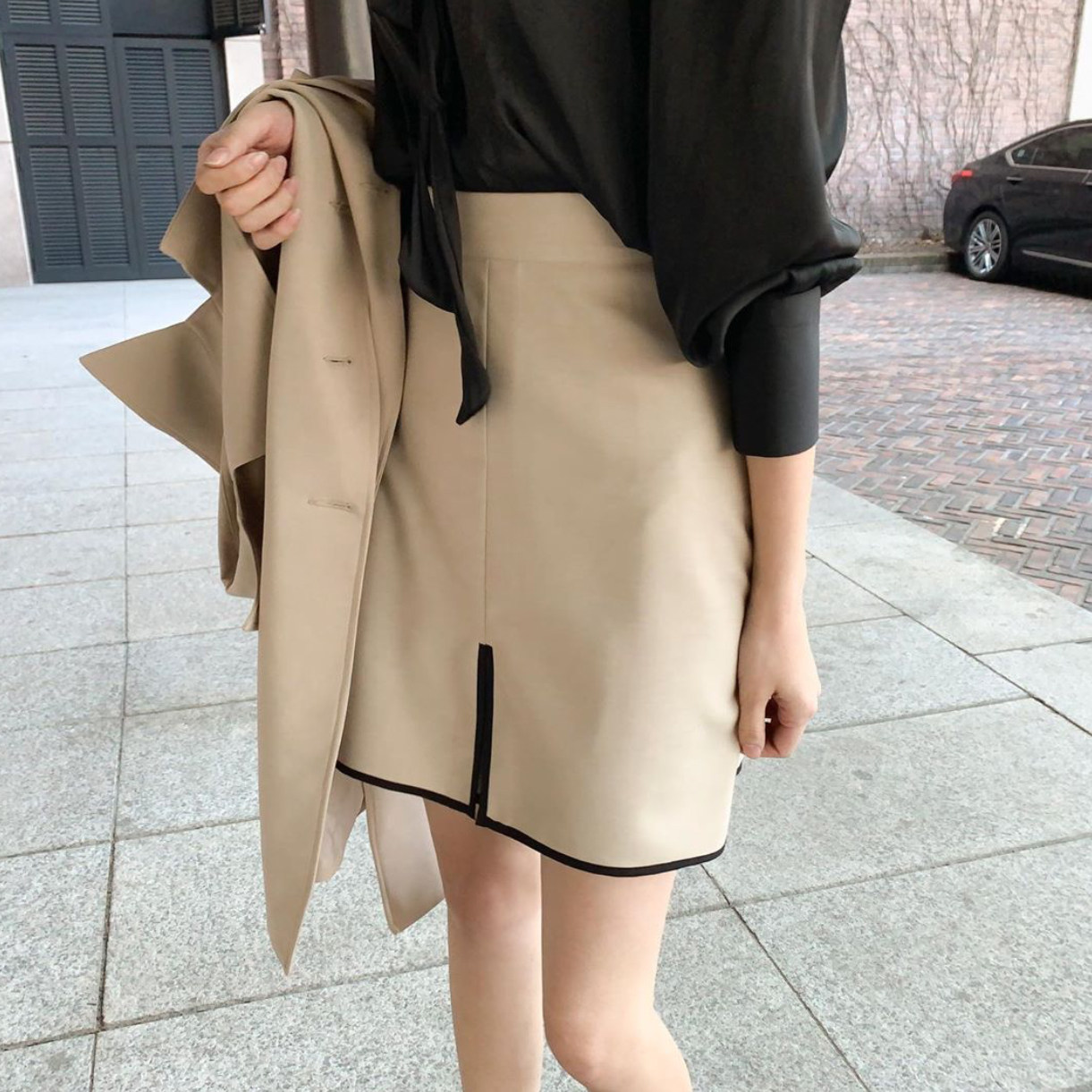 vin 气质up~ol夏季高腰半身裙修身包臀柔软米杏色铅笔裙中短裙 女