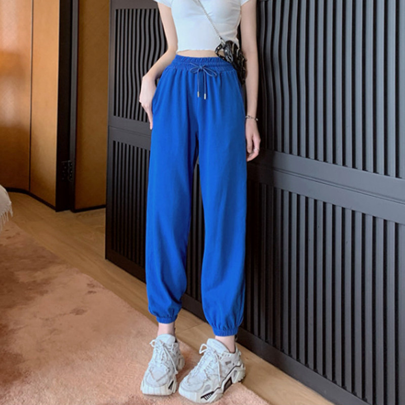 爵士_欧版运动裤女蓝色束脚ins潮裤夏季超火卫裤宽松休闲爵士chic裤子