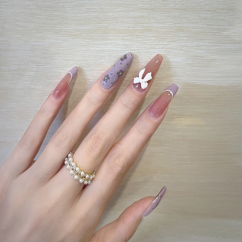 2021年新款美甲成品定制冰透紫色系春夏花花法式美甲穿戴甲可拆卸