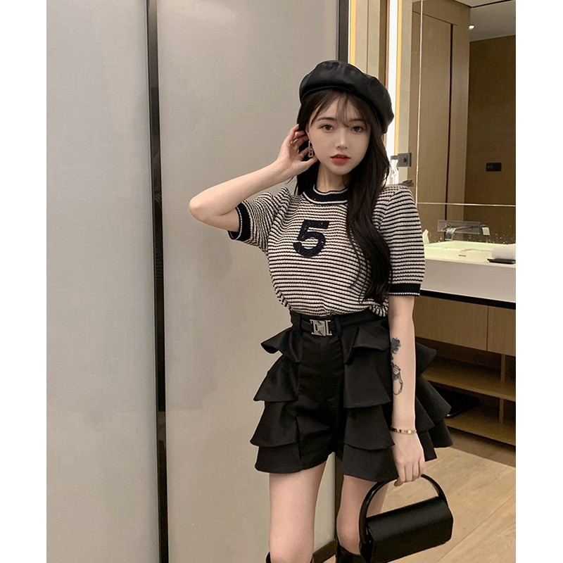 春季新款短款风修身显瘦短袖条纹针织衫 蛋糕裙半身裙套装女_博雅服饰